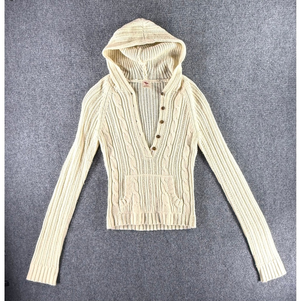 Y2K Abercrombie & Fitch Cream Cable‎ Knit Button Hoodie Sweater Womens Medium
